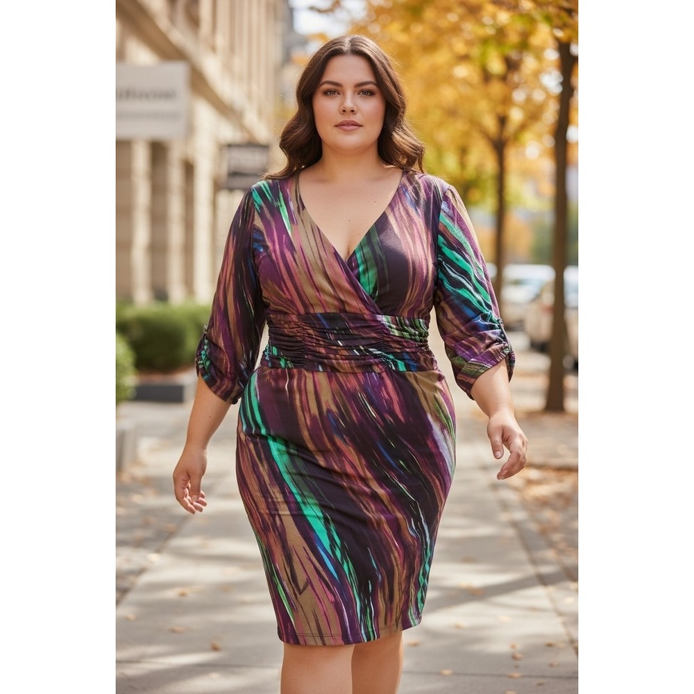 Cocktail Built In Shapewear Midi Dress Size 10 Artsy Colorful Special Occasion
